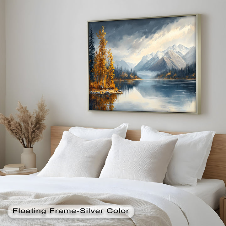 Golden autumn forest by a mountain lake with snow-covered peaks in the distance.
