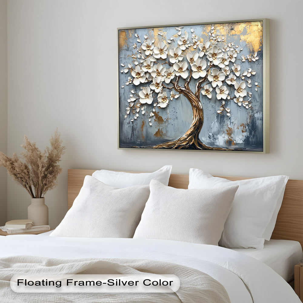 Textured floral tree painting featuring ivory blossoms and gilded highlights.
