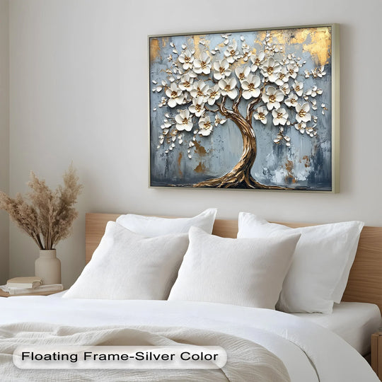 Center stage, the textured blossom tree commands attention in this floral oil painting reproduction print, enriched with gold accents against a subtle, gray-blue backdrop.