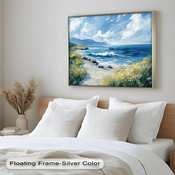 Peaceful shoreline painting with rolling waves and rocky coast.
