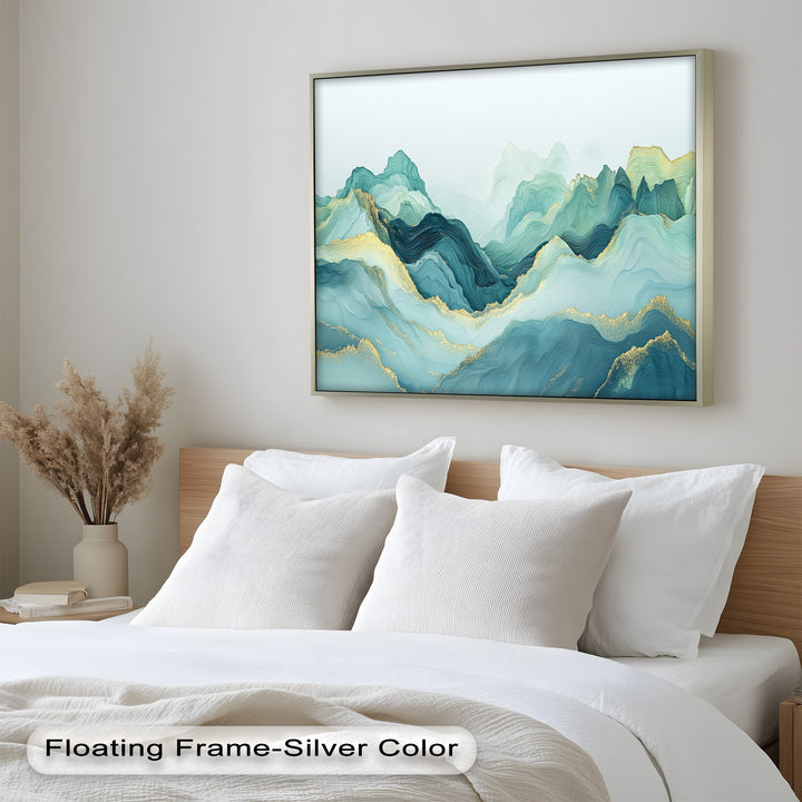 Layered mountain forms in soft teal and luminous gold textures.
