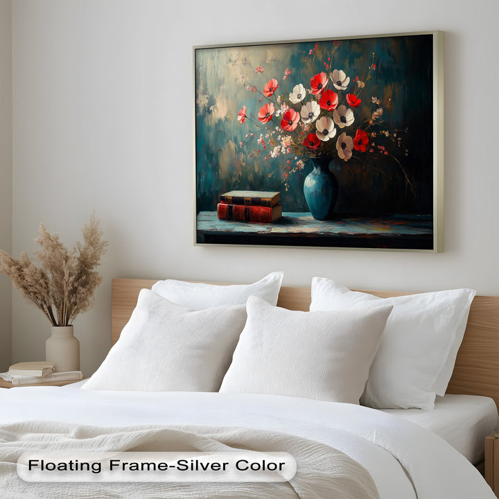 Vibrant Floral Vase with Books – Botanical Oil Paintings