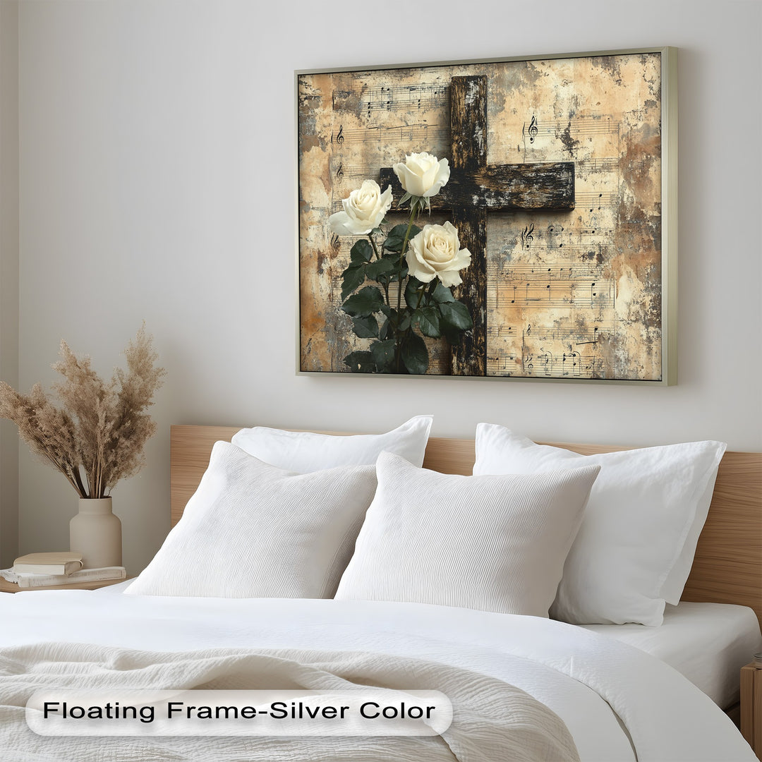 Sacred floral painting with ivory roses and aged music manuscript.
