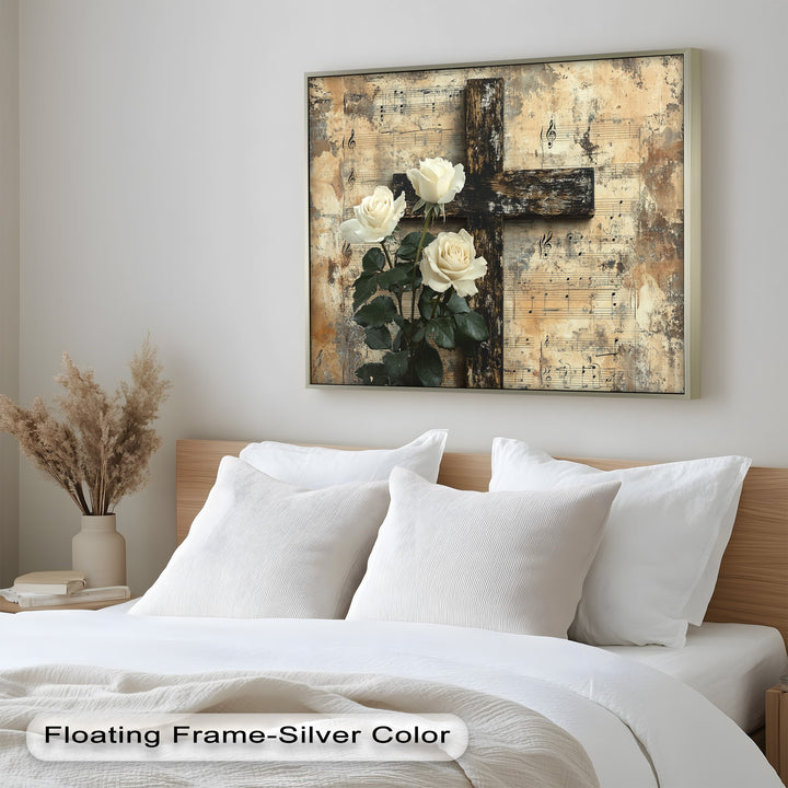 Sacred floral painting with ivory roses and aged music manuscript.
