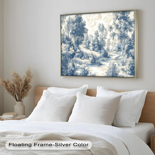 Contrasting the cool blues and warm neutrals, this vintage landscape showcases a calming nature scene in oil painting wall art, creating an eye-catching display.