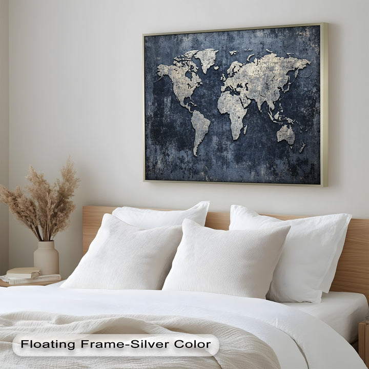 Antique-style world map with industrial gray and steel tones.
