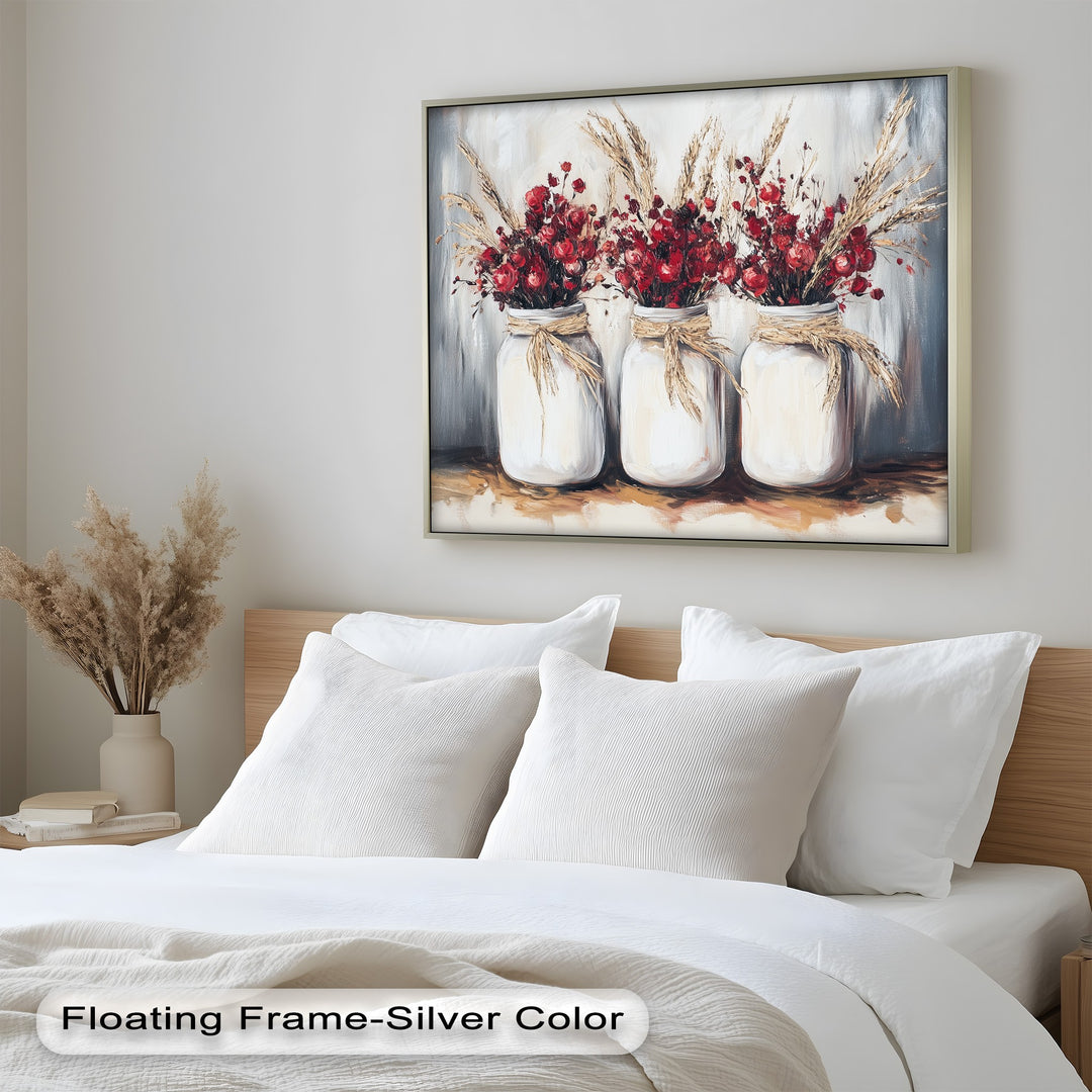 Charming country floral still life featuring roses and wheat in white jars.
