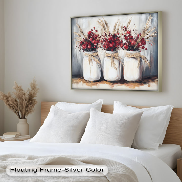 Charming country floral still life featuring roses and wheat in white jars.
