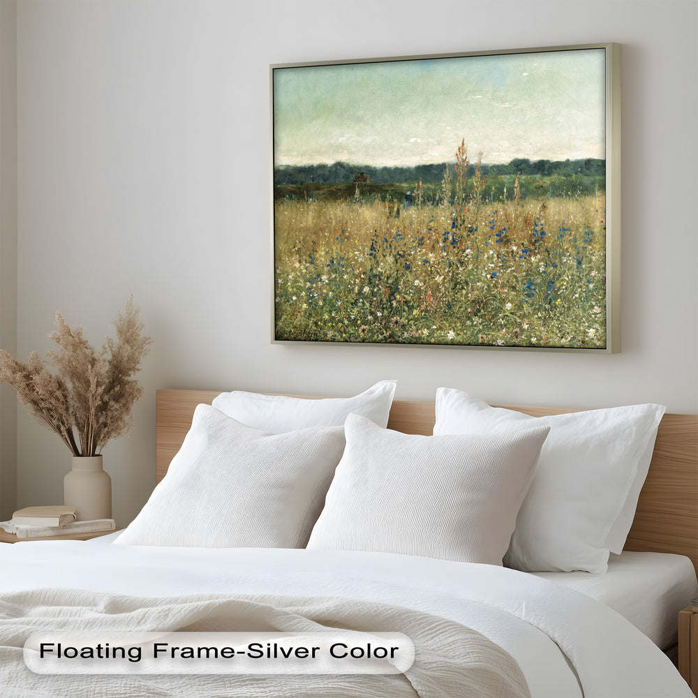 A beautifully textured oil painting of a countryside field in full bloom, showcasing delicate white and blue flowers swaying under a soft, hazy sky.