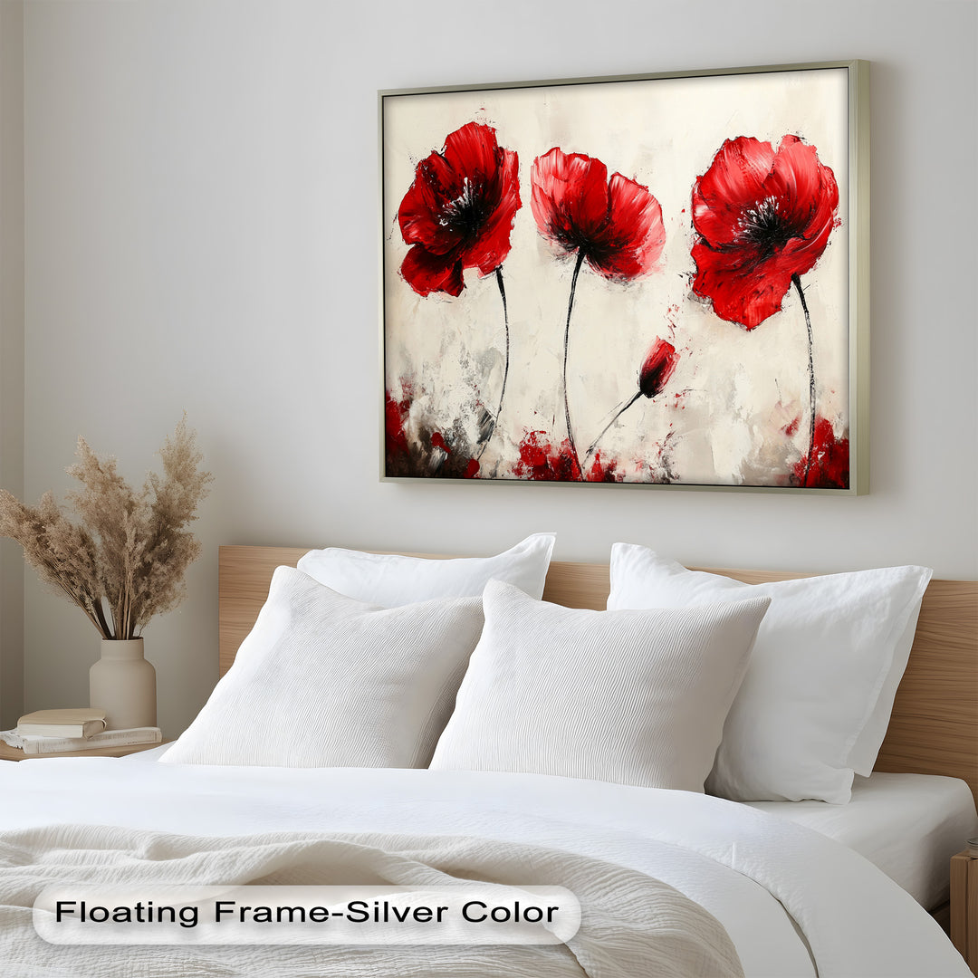 Crimson Elegance – Bold Red Poppies on Cream Flower Oil Painting