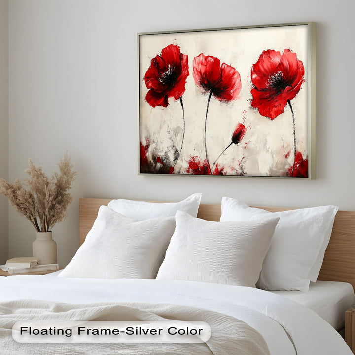 Crimson Elegance – Bold Red Poppies on Cream Flower Oil Painting