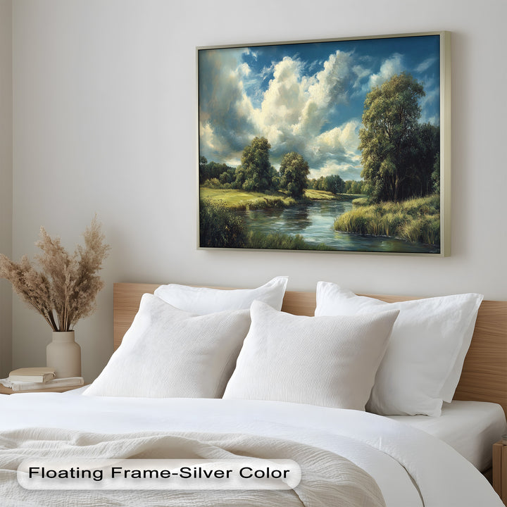 Peaceful countryside artwork with water reflections and tall trees.
