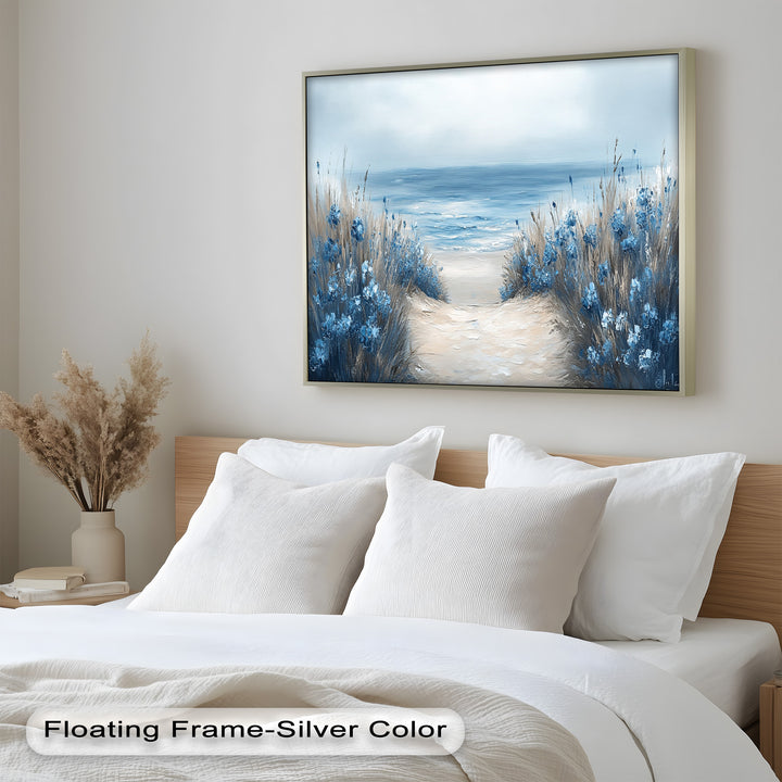 A dreamy coastal landscape with blooming blue flowers and a serene path drawing the eye toward the ocean.