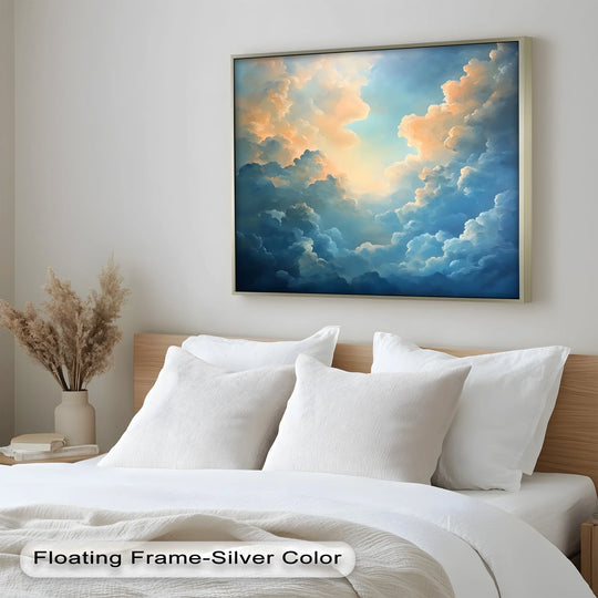 Delicate surface texture enhances the beauty of this majestic cloudscape with ethereal glow oil painting art prints, creating a serene sky scene with layers of painted depth.