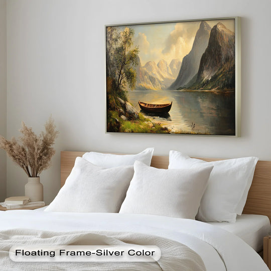 Serene and reflective, this oil painting artwork depicts a tranquil mountain lake scene with a wooden boat, creating a calming and peaceful mood.