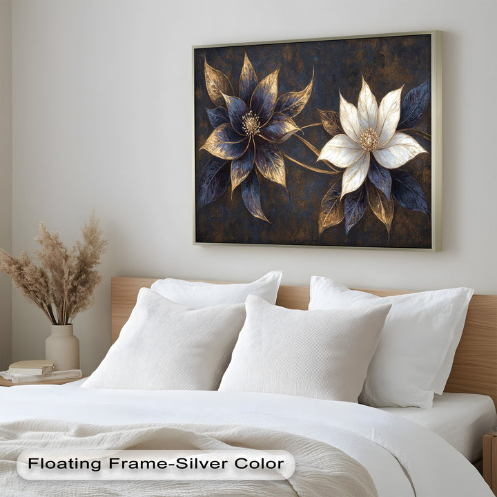 Blue Floral Stained Art – Botanical Oil Painting