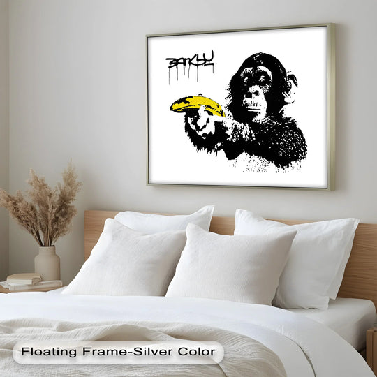 Negative space emphasizes the simian subject in this satirical Banksy-style oil painting, highlighting the composition of oil painting art prints with a banana gun.