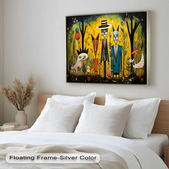 Surreal animal portraits are brought to life with effective negative space, enhancing the whimsical composition of this Picasso-style oil painting decoration.