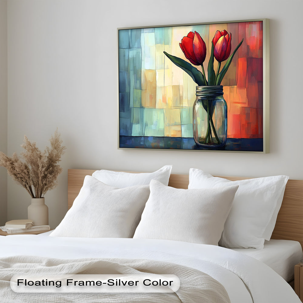 A beautifully textured modern wall art piece showcasing a pair of tulips in a reflective jar, with a geometric patchwork of soft blues, yellows, and reds in the background.