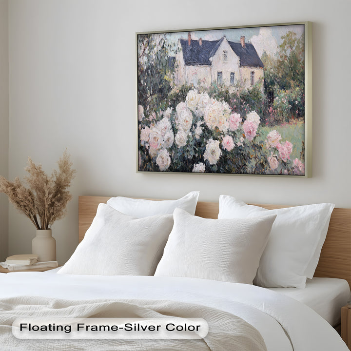 Cottage Garden Roses – Impressionist Floral House Scene Oil Painting