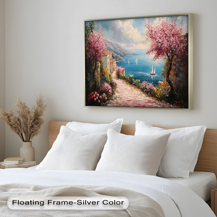 Incredible Sea Street & Spring Blossoms – Coastal Charm Oil Painting