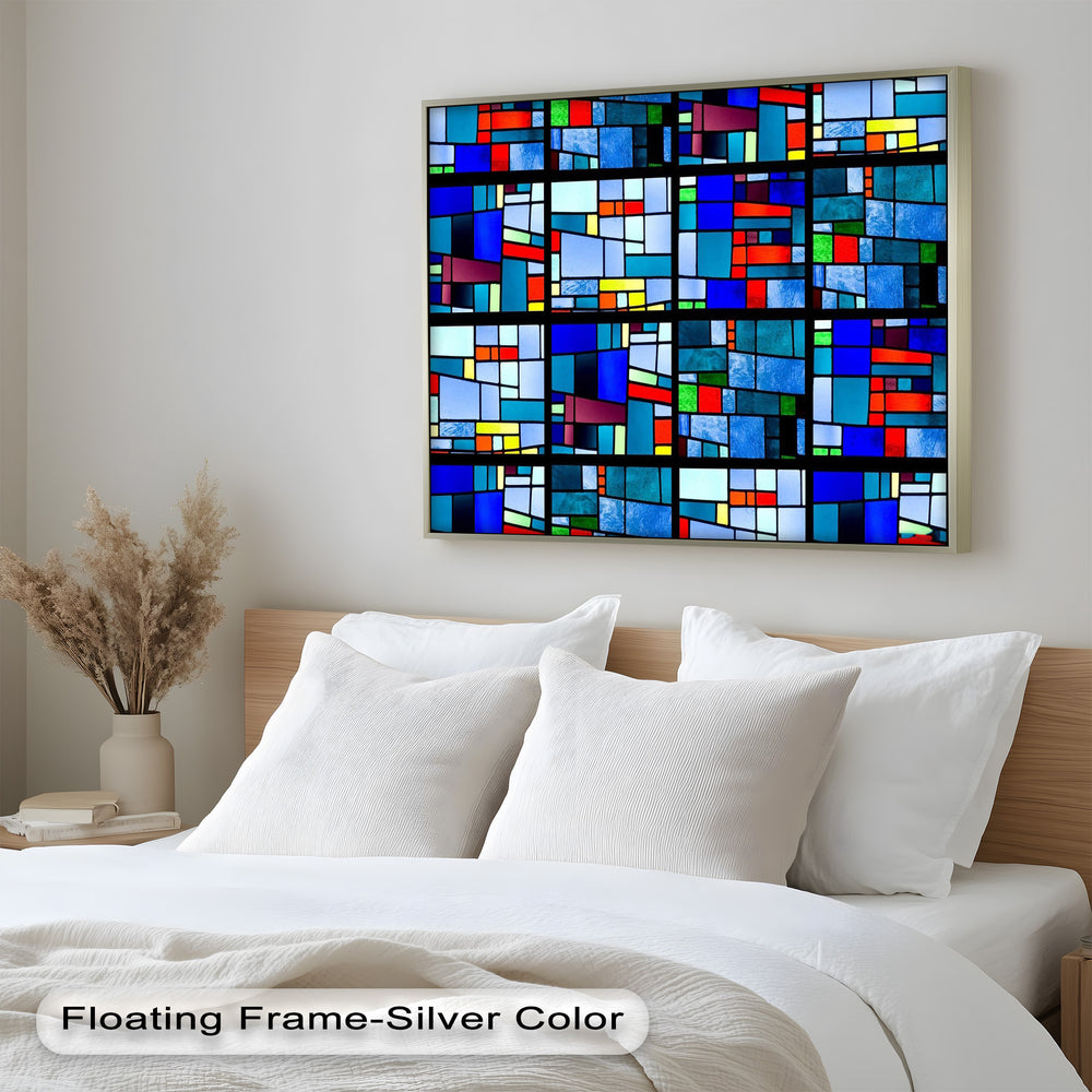 A modern mosaic of overlapping colorful shapes arranged in structured, rectangular compositions.