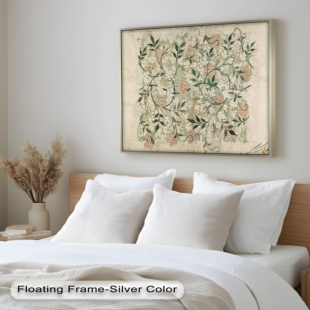 A stunning hand-drawn floral pattern with intricate vines, blossoms, and soft watercolor shading, reminiscent of classic textile designs.
