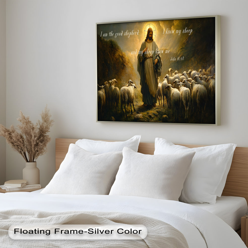 Biblical artwork depicting Christ with sheep, illuminated by divine light.

