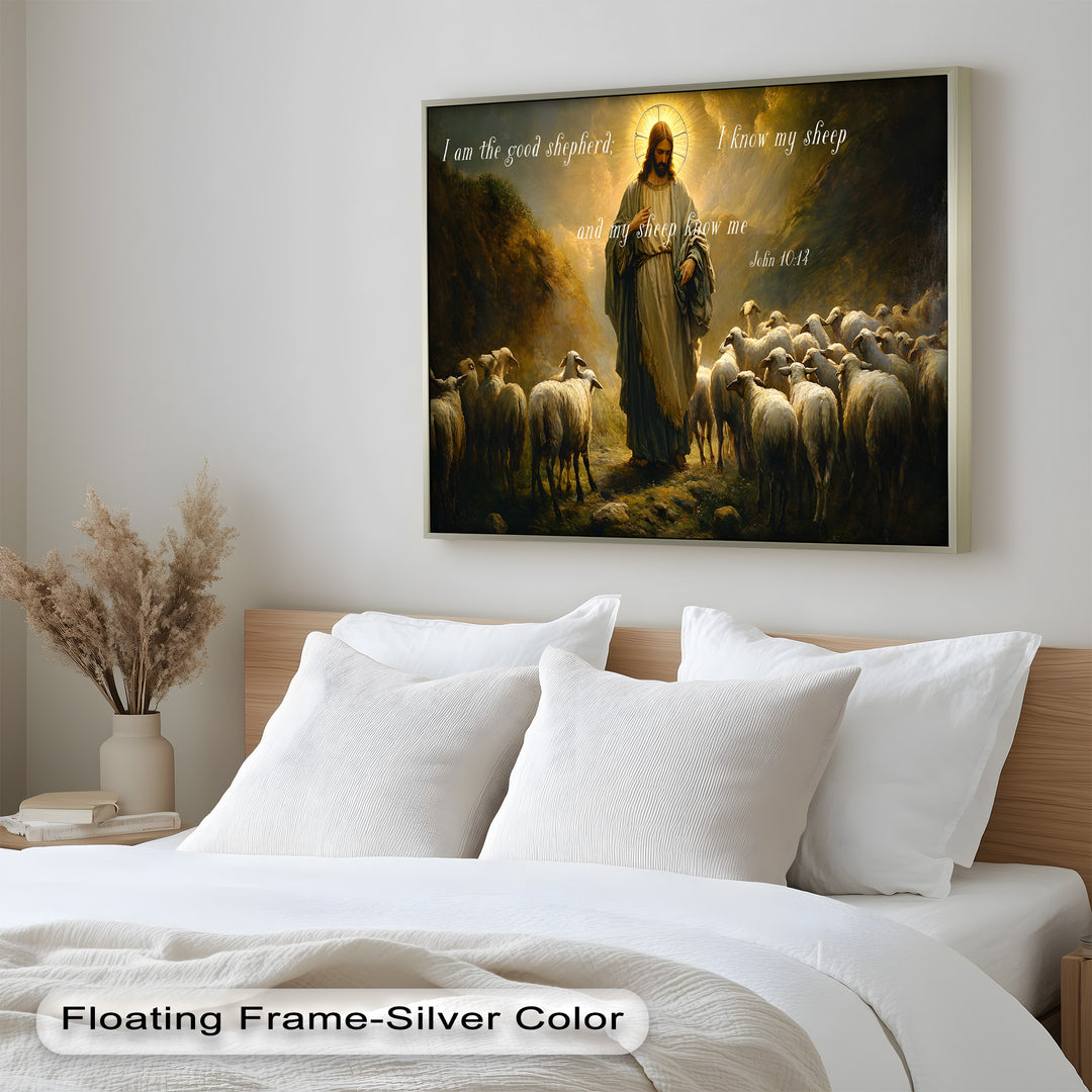 Biblical artwork depicting Christ with sheep, illuminated by divine light.
