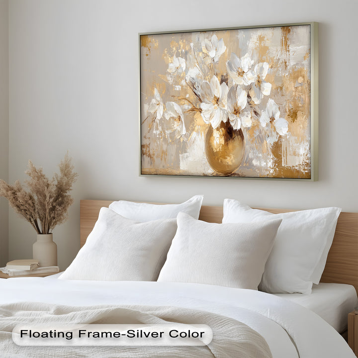 Golden Vase with White Florals – Flower Oil Painting