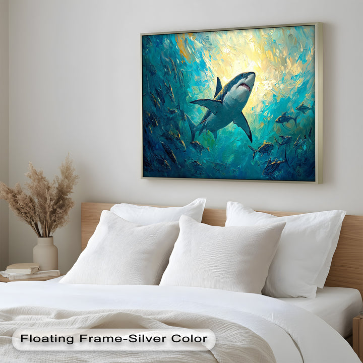 Great White Shark in Sunlit Ocean Depths – Animal Oil Painting