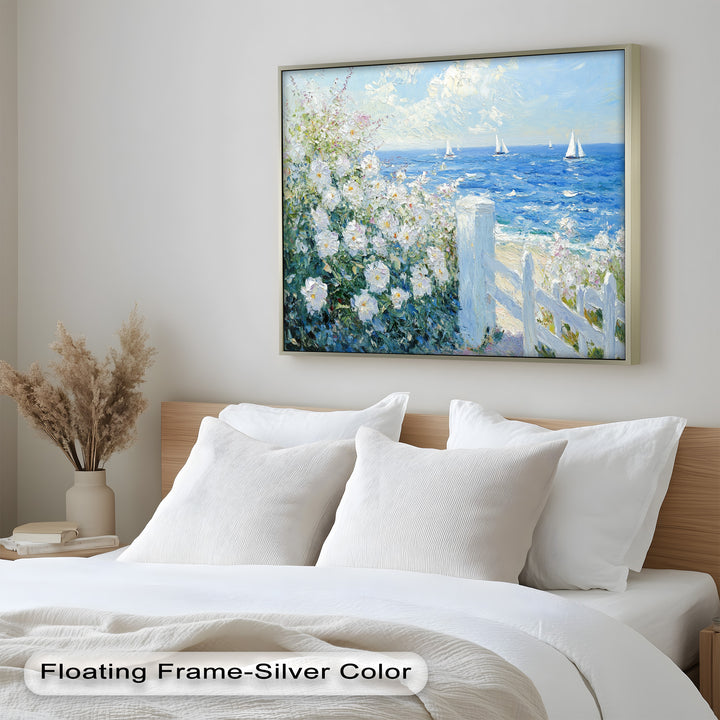 White Rose Garden with Sailboats – Impressionist Oil Painting