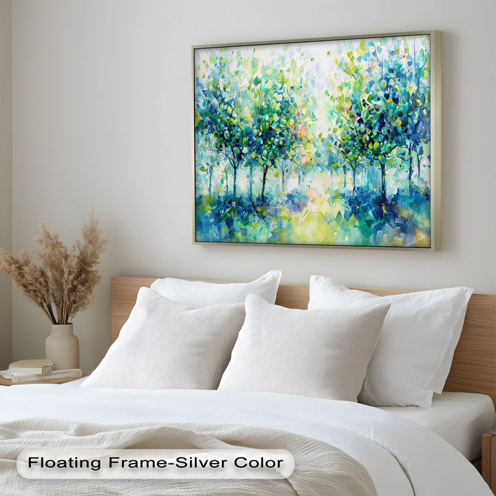 Blue & Green Forest Landscape – Abstract Nature Oil Painting