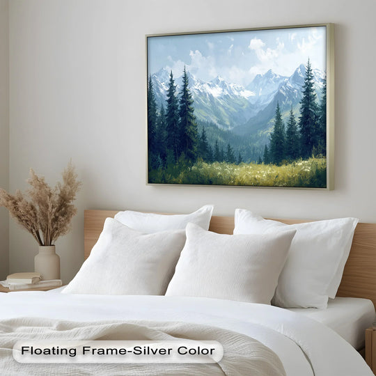 Gentle, inviting white pillows beneath a framed evergreen forest, serene mountain oil painting wall art adds a tranquil feel to the bedroom.