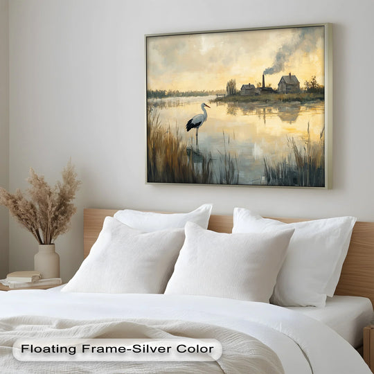 Exhibiting the quality of modern oil painting art, the brushstrokes and pigments of this 'Stork at Dusk' oil painting display rich textures.
