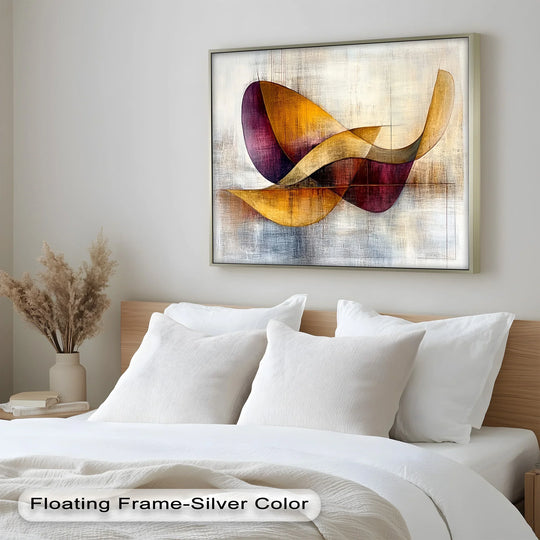 Negative space surrounds the orange and red geometric shapes in this modern abstract oil painting, offering depth to the oil painting reproduction print.