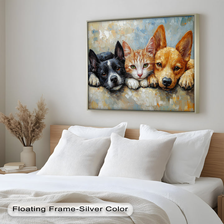 Cat and Dogs Resting Together - Animal Oil Painting