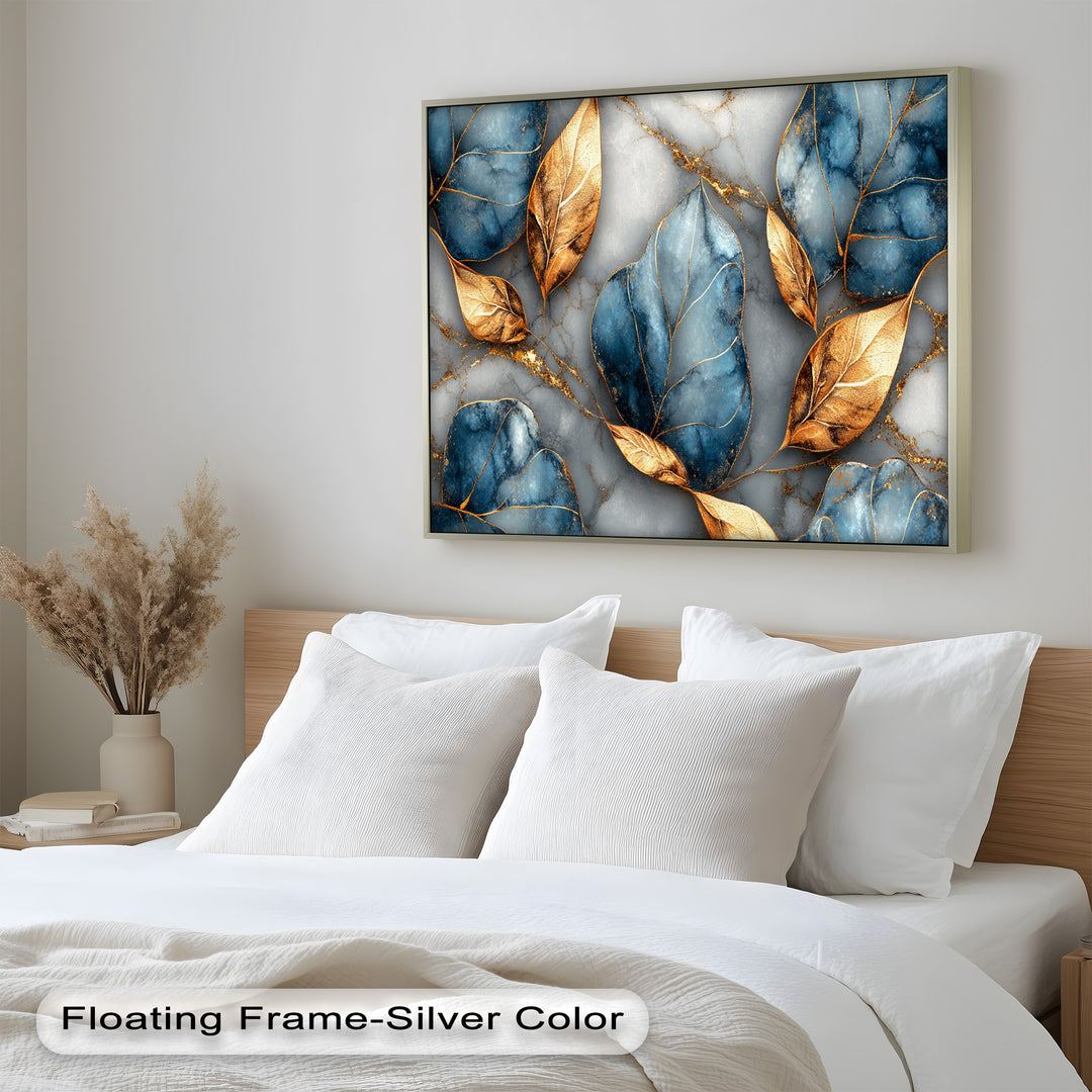 Golden Blue Marble Leaves – Botanical Oil Painting