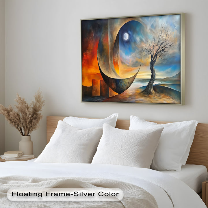 Moonlit Tree and Surreal Horizon - Abstract Oil Painting