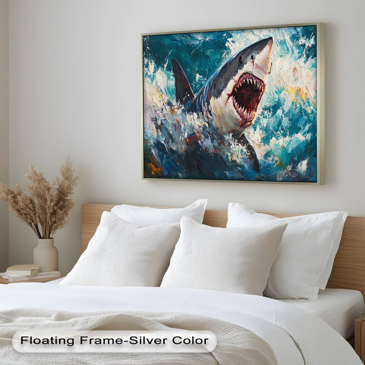 Ferocious Shark Emerging from Turbulent Waters – Animal Oil Painting