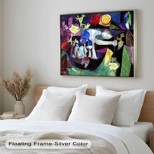 Negative space frames the chaotic beauty of the 'Night of the Spirals' oil painting art piece, accentuating its bold and symbolic surrealist Picasso style.
