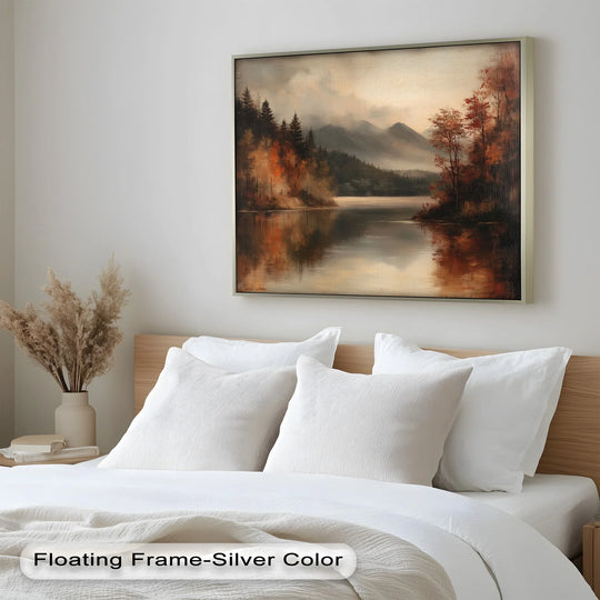 Featuring a misty mountain range as its backdrop, this moody autumn oil painting boasts rich, dark hues, reflecting light to enhance oil painting home decor.