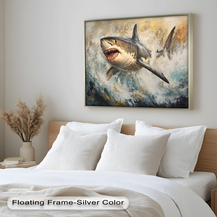 Ferocious Great White Shark Leaping Through Waves - Animal Oil Painting