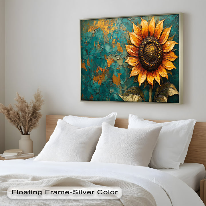 Sunflower on Textured Teal - Flower Oil Painting