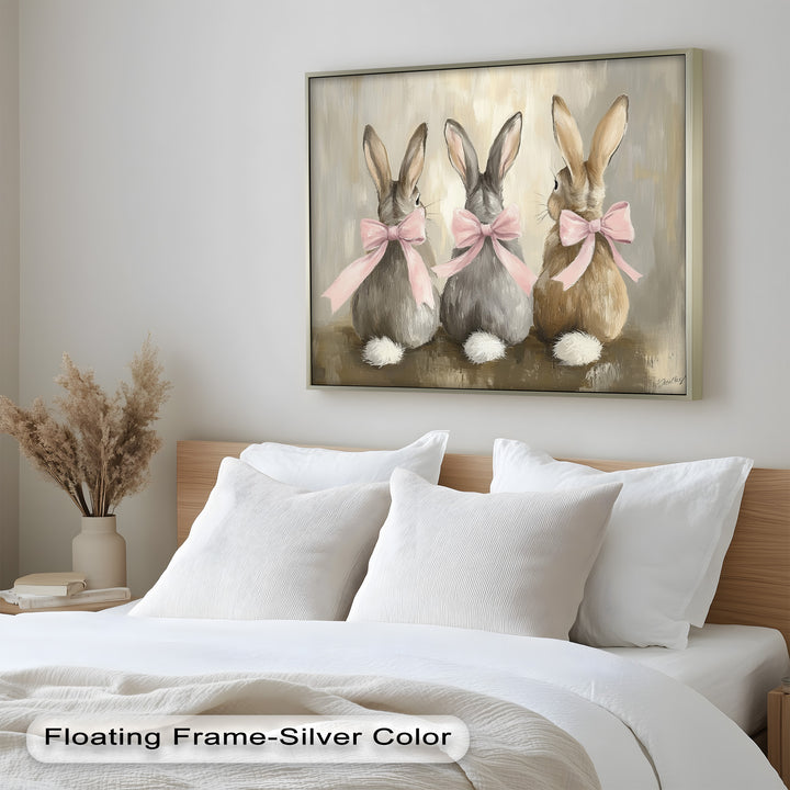 Trio of Bunnies with Pink Bows – Animal Oil Painting
