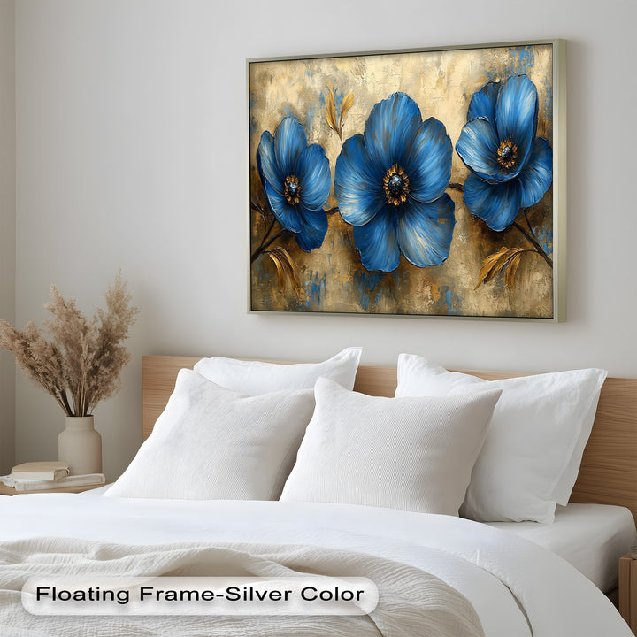 Golden Beige Elegance – Royal Blue Floral Trio Flower Oil Painting