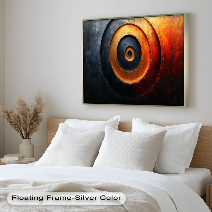 Geometric abstract artwork with glowing circular forms and molten accents.
