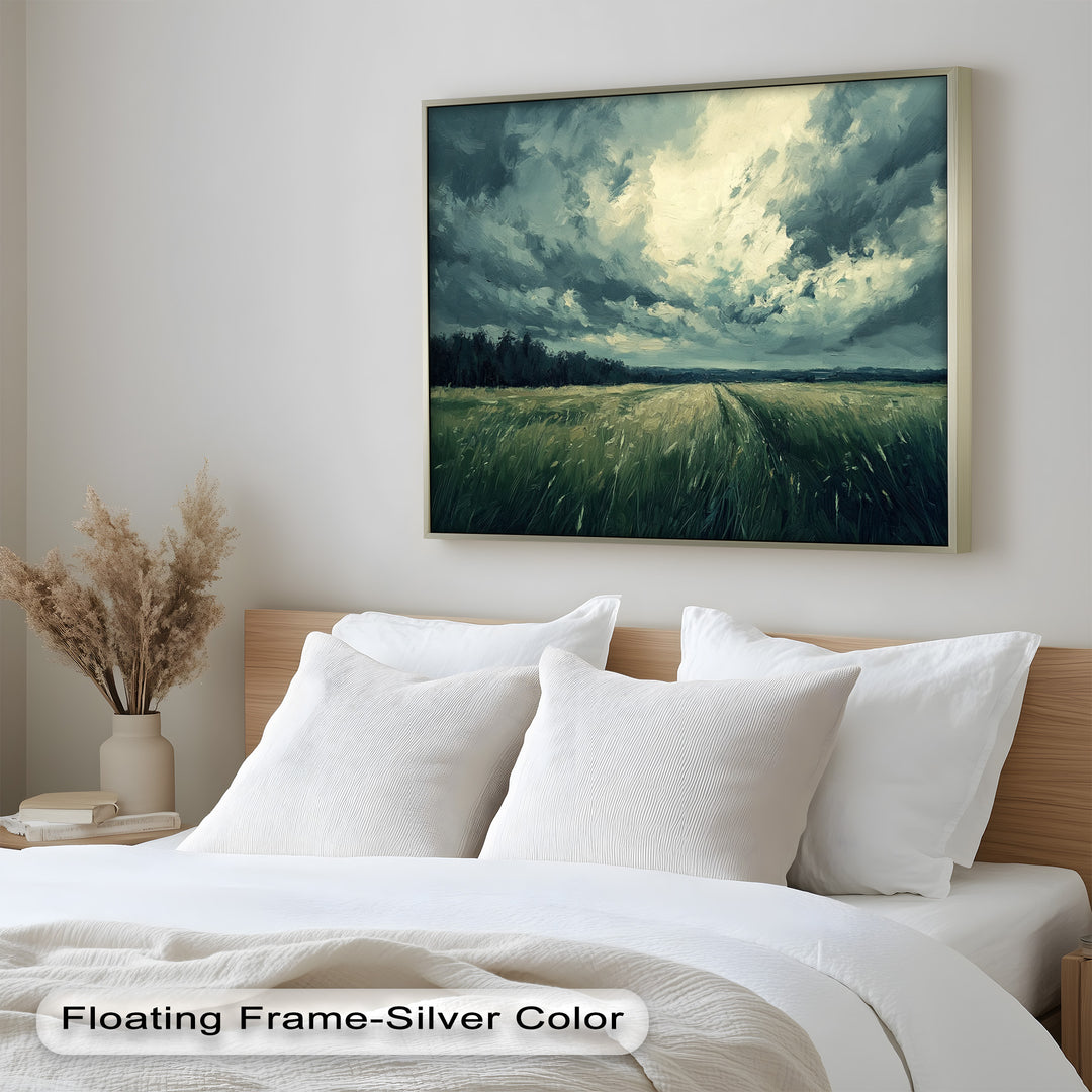 Expressive nature scene featuring windswept grass and turbulent skies.
