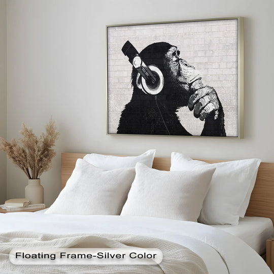 Highlighting depth and layers, the modern oil painting art presents a contemplative chimp Banksy-style, creating a textured and intriguing focal point above the bed.
