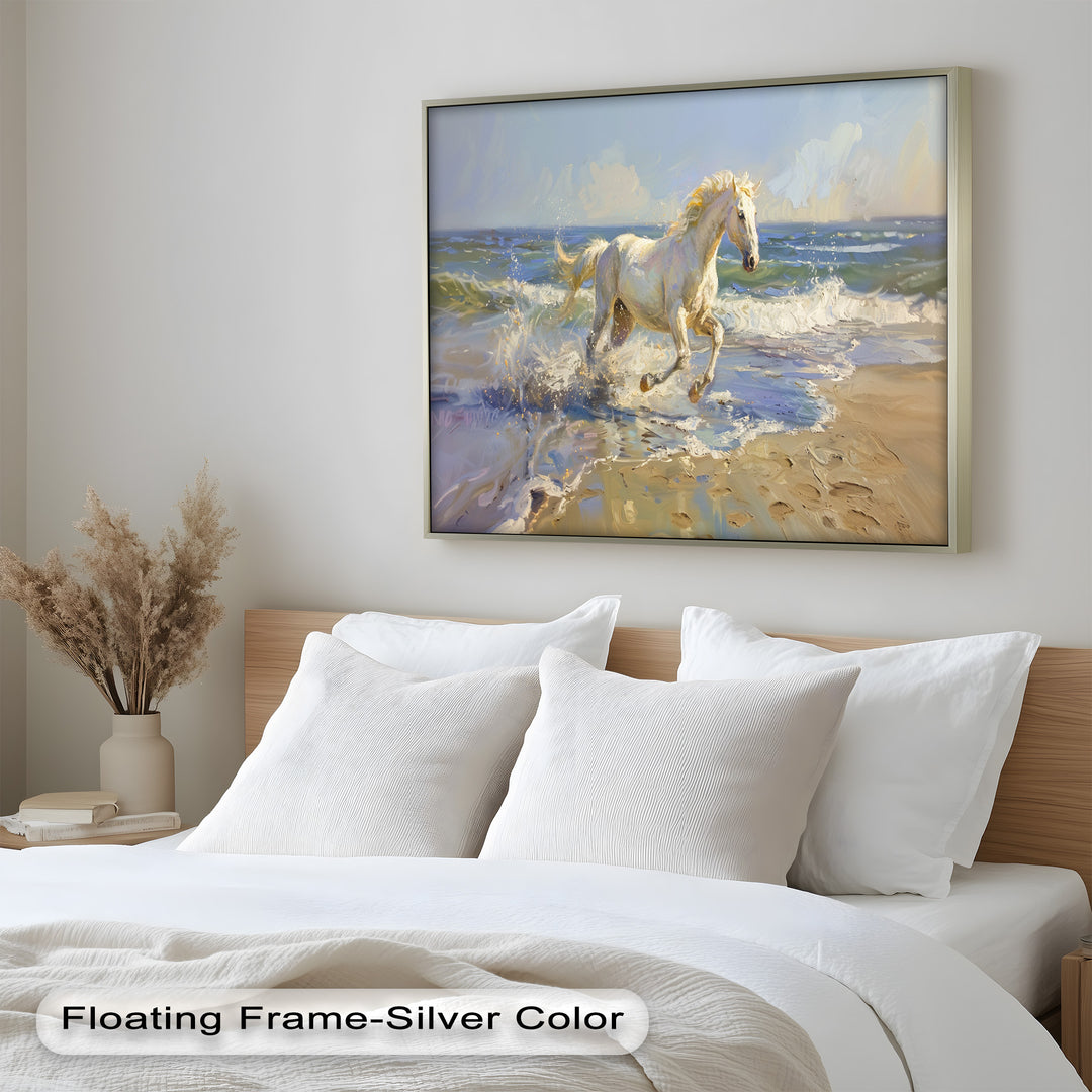 White Horse Galloping on Beach – Dynamic Oil Painting